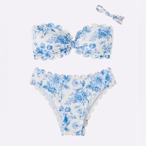 Ribbed Blue & White Scalloped Floral Bikini Swimsuit Set